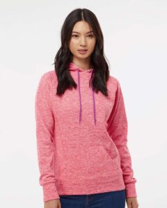 J. America 8616 Women’s Cosmic Fleece Hooded Sweatshirt – Fire Coral/ Magenta (on model)
