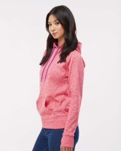 J. America 8616 Women’s Cosmic Fleece Hooded Sweatshirt – Fire Coral/ Magenta (on model side)