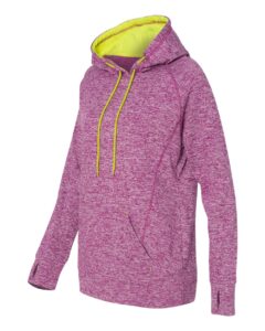 J. America 8616 Women’s Cosmic Fleece Hooded Sweatshirt – Magenta/ Neon Yellow (side)