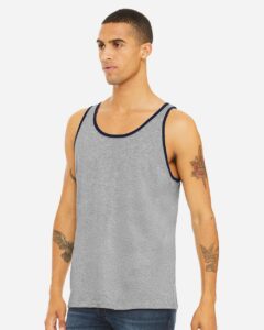 BELLA + CANVAS 3480 Jersey Tank – Athletic Heather/ Navy (on model side)