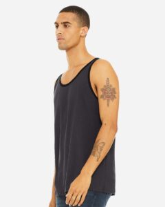 BELLA + CANVAS 3480 Jersey Tank – Dark Grey/ Black (on model side)
