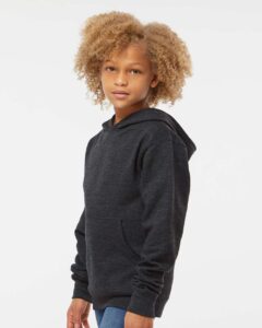 Independent Trading Co. SS4001Y Youth Midweight Hooded Sweatshirt – Charcoal Heather (on model side)