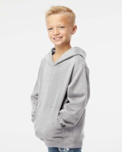Independent Trading Co. SS4001Y Youth Midweight Hooded Sweatshirt – Grey Heather (on model side)