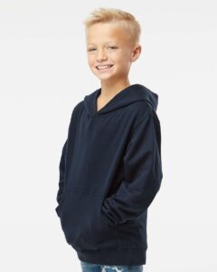 Independent Trading Co. SS4001Y Youth Midweight Hooded Sweatshirt – Classic Navy (on model side)