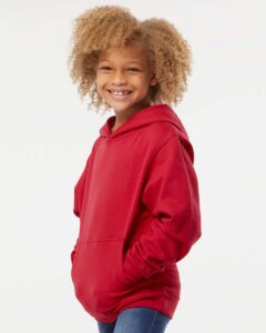 Independent Trading Co. SS4001Y Youth Midweight Hooded Sweatshirt – Red (on model side)