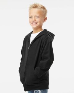 Independent Trading Co. SS4001YZ Youth Midweight Full-Zip Hooded Sweatshirt – Black (on model side)