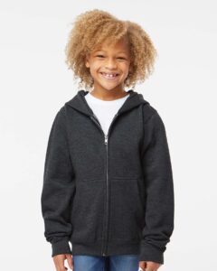 Independent Trading Co. SS4001YZ Youth Midweight Full-Zip Hooded Sweatshirt – Charcoal Heather (on model)