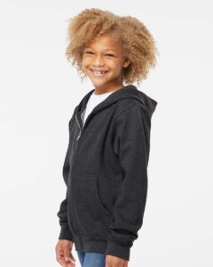 Independent Trading Co. SS4001YZ Youth Midweight Full-Zip Hooded Sweatshirt – Charcoal Heather (on model side)