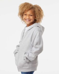 Independent Trading Co. SS4001YZ Youth Midweight Full-Zip Hooded Sweatshirt – Grey Heather (on model side)