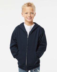 Independent Trading Co. SS4001YZ Youth Midweight Full-Zip Hooded Sweatshirt – Navy (on model)