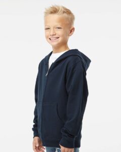 Independent Trading Co. SS4001YZ Youth Midweight Full-Zip Hooded Sweatshirt – Navy (on model side)