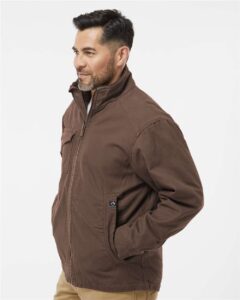 DRI DUCK 5037 Men’s Endeavor Canyon Cloth™ Canvas Jacket with Sherpa Lining – Tobacco (on model side)