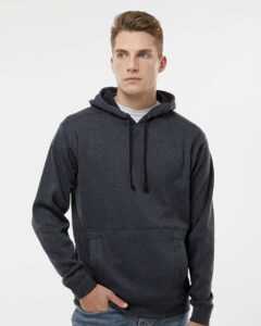 J. America 8613 Men’s Cosmic Fleece Hooded Sweatshirt – Onyx Fleck (on model)