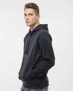 J. America 8613 Men’s Cosmic Fleece Hooded Sweatshirt – Onyx Fleck (on model side)