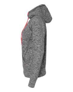 J. America 8616 Women’s Cosmic Fleece Hooded Sweatshirt – Charcoal Fleck/ Fire Coral (side)