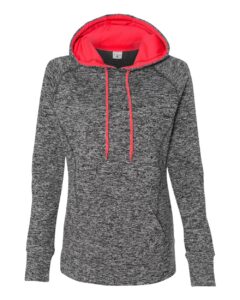 J. America 8616 Women’s Cosmic Fleece Hooded Sweatshirt – Charcoal Fleck/ Fire Coral