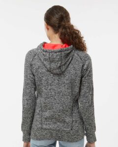 J. America 8616 Women’s Cosmic Fleece Hooded Sweatshirt – Charcoal Fleck/ Fire Coral (on model back)