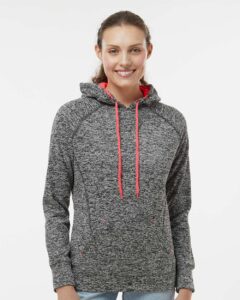 J. America 8616 Women’s Cosmic Fleece Hooded Sweatshirt – Charcoal Fleck/ Fire Coral (on model)