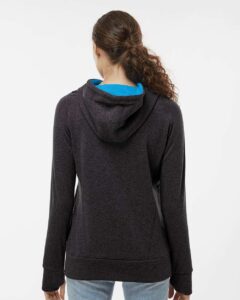 J. America 8616 Women’s Cosmic Fleece Hooded Sweatshirt – Onyx Fleck/ Electric Blue (on model back)