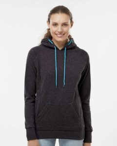 J. America 8616 Women’s Cosmic Fleece Hooded Sweatshirt – Onyx Fleck/ Electric Blue (on model)