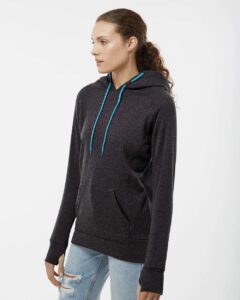 J. America 8616 Women’s Cosmic Fleece Hooded Sweatshirt – Onyx Fleck/ Electric Blue (on model side)