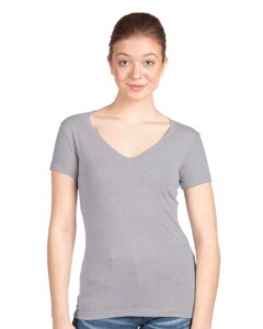 Next Level 1540 Women’s Ideal V-Neck Tee – Heather Grey (on model)