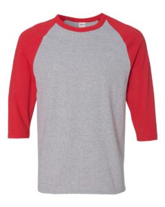 Gildan 5700 Unisex Heavy Cotton™ Raglan Three-Quarter Sleeve T-Shirt – Sport Grey/ Red