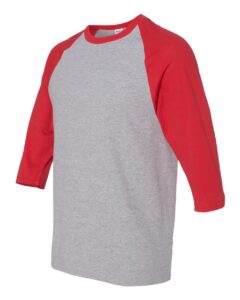 Gildan 5700 Unisex Heavy Cotton™ Raglan Three-Quarter Sleeve T-Shirt – Sport Grey/ Red (side)