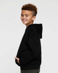 LAT 2296 Youth Hoodie Sweatshirt – Black (on model side)
