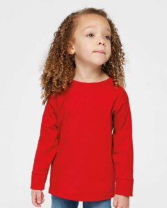 Rabbit Skins 3302 Toddler Fine Jersey Long Sleeve Tee – Red (on model)