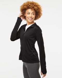 Independent Trading Co. EXP60PAZ Women’s Poly-Tech Full-Zip Track Jacket – Black (on model side)
