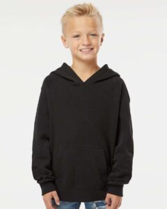 Independent Trading Co. PRM15YSB Youth Lightweight Special Blend Raglan Hooded Sweatshirt – Black (on model)