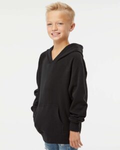 Independent Trading Co. PRM15YSB Youth Lightweight Special Blend Raglan Hooded Sweatshirt – Black (on model side)
