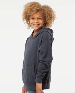 Independent Trading Co. PRM15YSB Youth Lightweight Special Blend Raglan Hooded Sweatshirt – Midnight Navy (on model side)