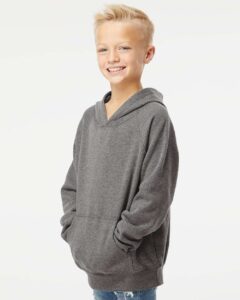 Independent Trading Co. PRM15YSB Youth Lightweight Special Blend Raglan Hooded Sweatshirt – Nickel (on model side)