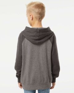 Independent Trading Co. PRM15YSB Youth Lightweight Special Blend Raglan Hooded Sweatshirt – Nickel/ Carbon (on model back)