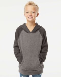 Independent Trading Co. PRM15YSB Youth Lightweight Special Blend Raglan Hooded Sweatshirt – Nickel/ Carbon (on model)