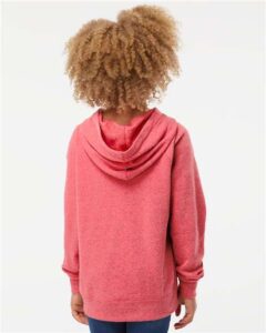Independent Trading Co. PRM15YSB Youth Lightweight Special Blend Raglan Hooded Sweatshirt – Pomegranate (on model back)
