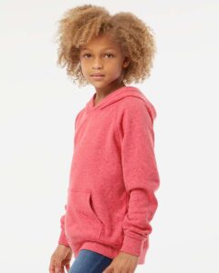 Independent Trading Co. PRM15YSB Youth Lightweight Special Blend Raglan Hooded Sweatshirt – Pomegranate (on model side)