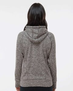 J. America 8616 Women’s Cosmic Fleece Hooded Sweatshirt – Charcoal Fleck/ Black (on model back)