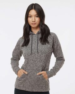 J. America 8616 Women’s Cosmic Fleece Hooded Sweatshirt – Charcoal Fleck/ Black (on model)