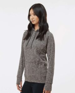 J. America 8616 Women’s Cosmic Fleece Hooded Sweatshirt – Charcoal Fleck/ Black (on model side)