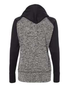 J. America 8618 Women’s Colorblocked Cosmic Fleece Hooded Sweatshirt – Charcoal Fleck/ Black (back)