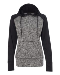 J. America 8618 Women’s Colorblocked Cosmic Fleece Hooded Sweatshirt – Charcoal Fleck/ Black