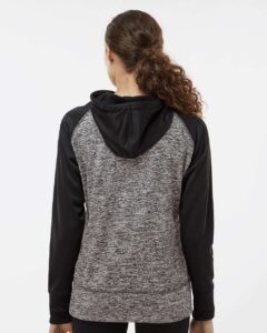 J. America 8618 Women’s Colorblocked Cosmic Fleece Hooded Sweatshirt – Charcoal Fleck/ Black (on model back)