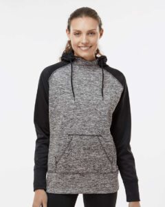 J. America 8618 Women’s Colorblocked Cosmic Fleece Hooded Sweatshirt – Charcoal Fleck/ Black (on model)