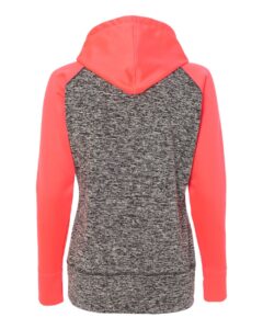 J. America 8618 Women’s Colorblocked Cosmic Fleece Hooded Sweatshirt – Charcoal Fleck/ Fire Coral (back)