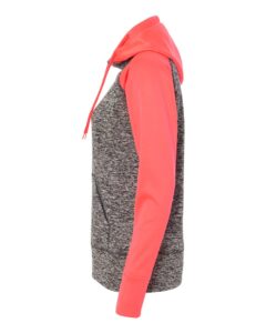 J. America 8618 Women’s Colorblocked Cosmic Fleece Hooded Sweatshirt – Charcoal Fleck/ Fire Coral (side)