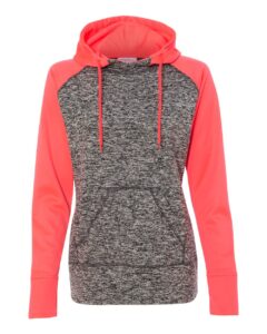 J. America 8618 Women’s Colorblocked Cosmic Fleece Hooded Sweatshirt – Charcoal Fleck/ Fire Coral