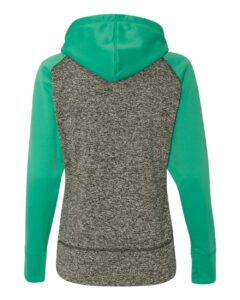 J. America 8618 Women’s Colorblocked Cosmic Fleece Hooded Sweatshirt – Charcoal Fleck/ Emerald (back)
